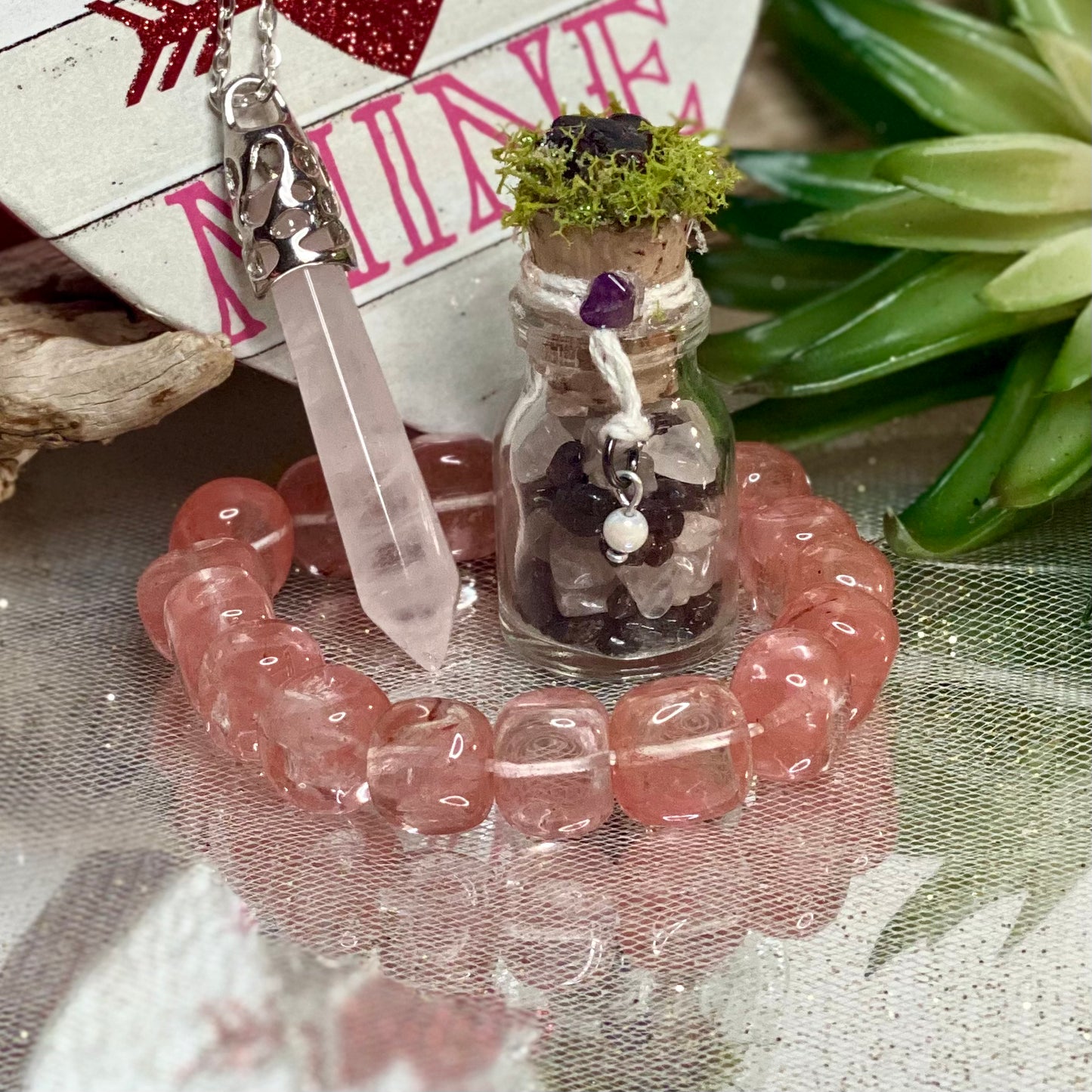 Positively Lovely Gift Set: Cherry Quartz Bracelet, Quartz Pendant, and Mini Crystal Jar
