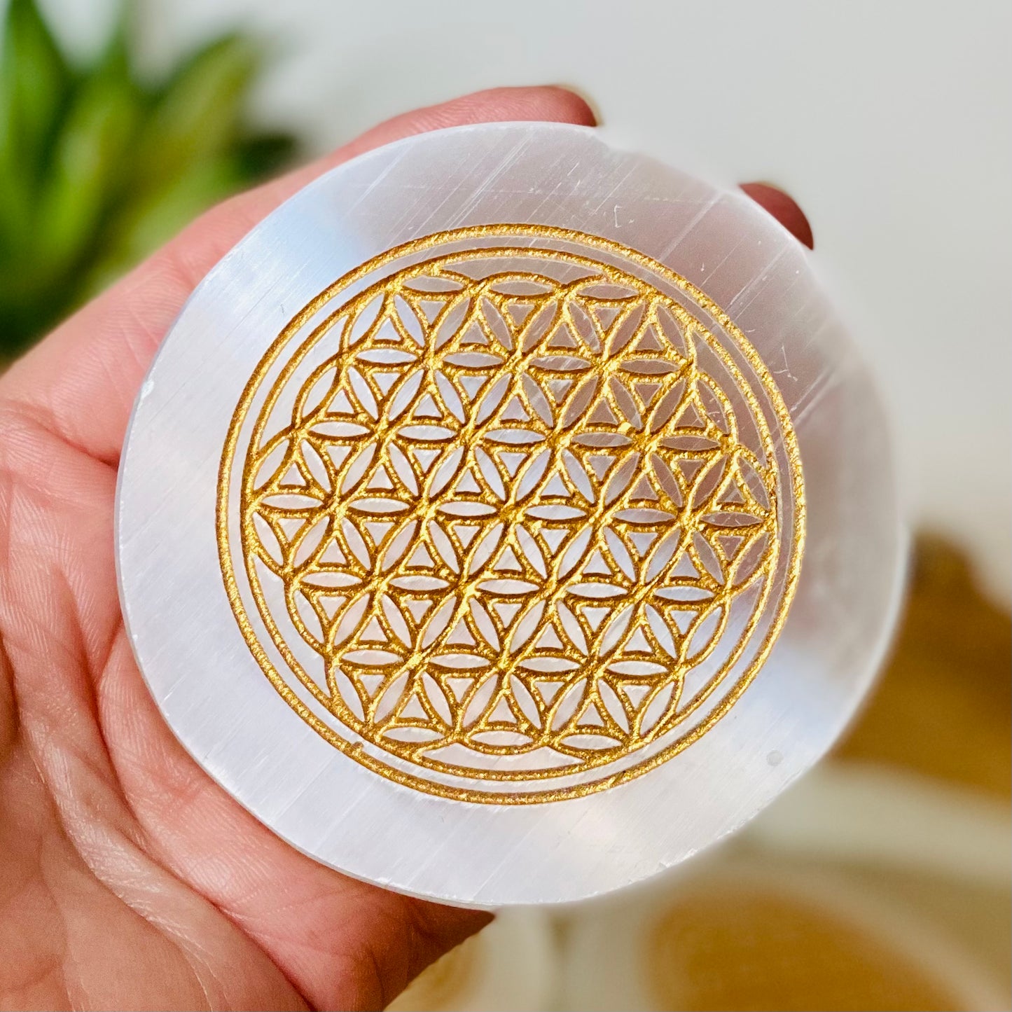 Amplify and Purify Energies with our Flower of Life Gold Engraved Selenite Charging Plates