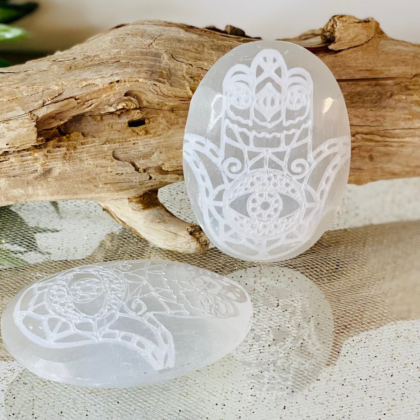 Selenite Hamsa Engraved Small Palm Stones for Harmony and Protection