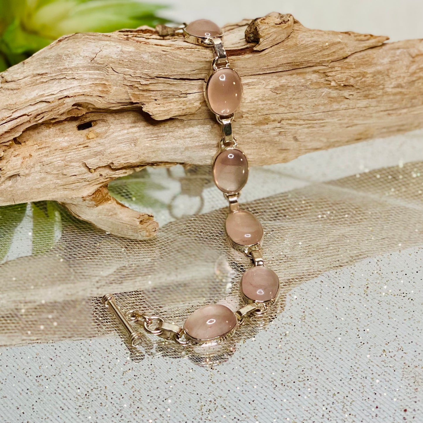Rose Quartz Sterling Silver Bracelet with 6 Cabochons and Toggle Clasp