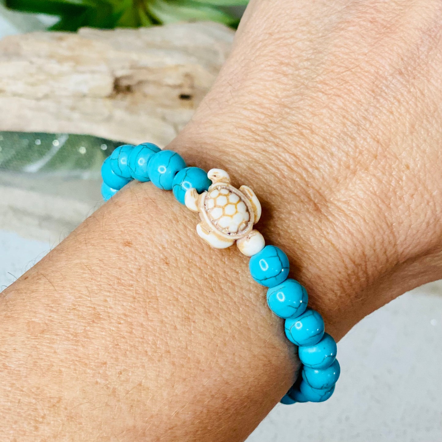 Blue Howlite or Black Bead 7-Inch Stretch Crystal Bracelet with Adorable Turtle Charm