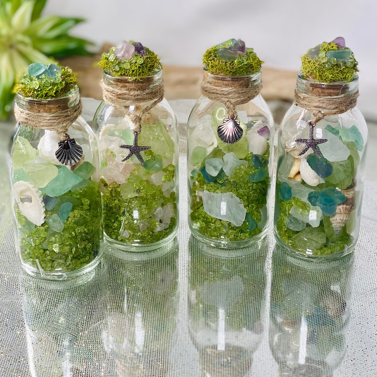 Enchanting Mini Beach Themed Bottles Filled with Seashells, Sea Glass, Quartz Point, Fluorite & Peridot Tumbled Chips | Coastal Treasure Bottles