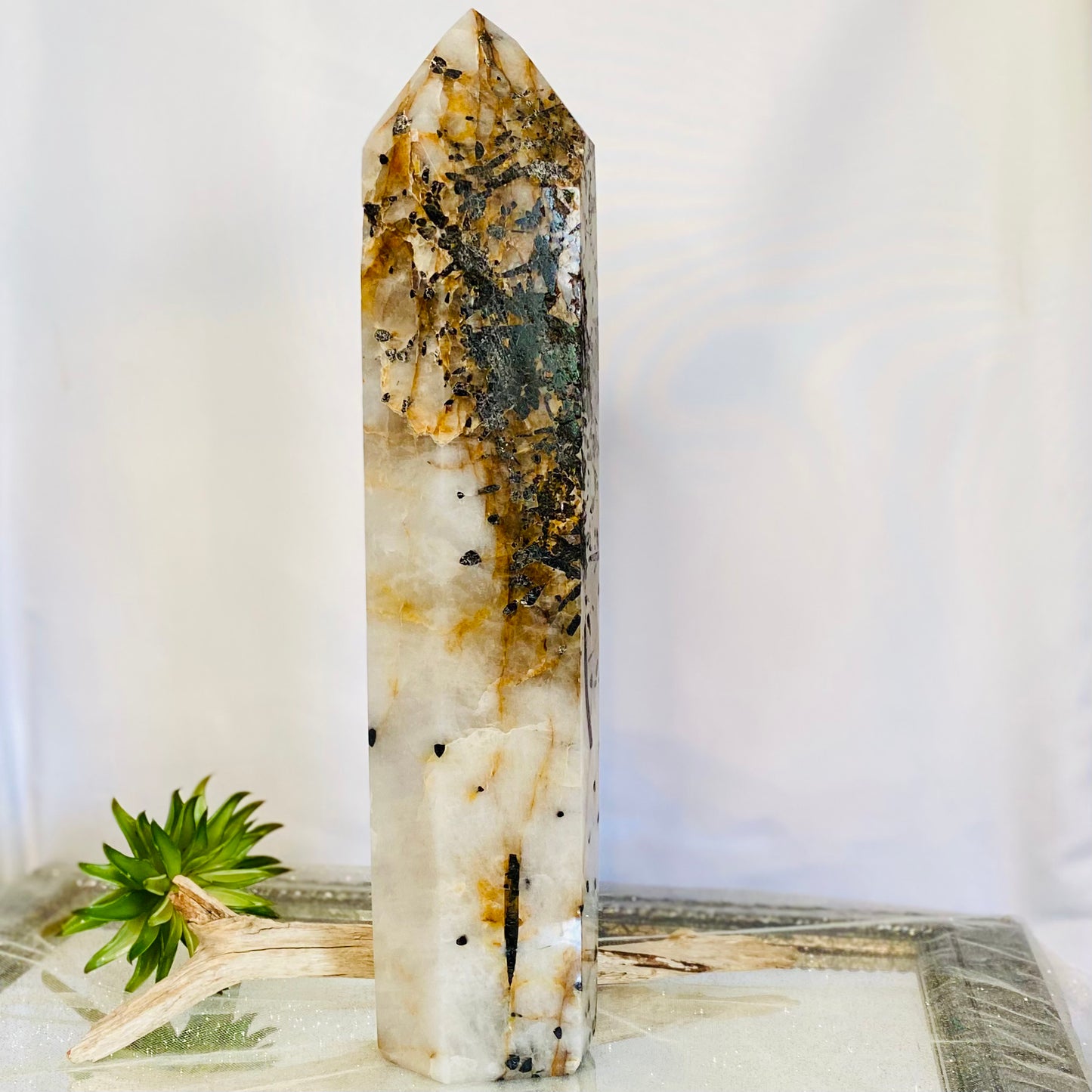 Golden Healer & Black Tourmaline Tall Tower Quartz Crystal: Energize, Protect, and Transform
