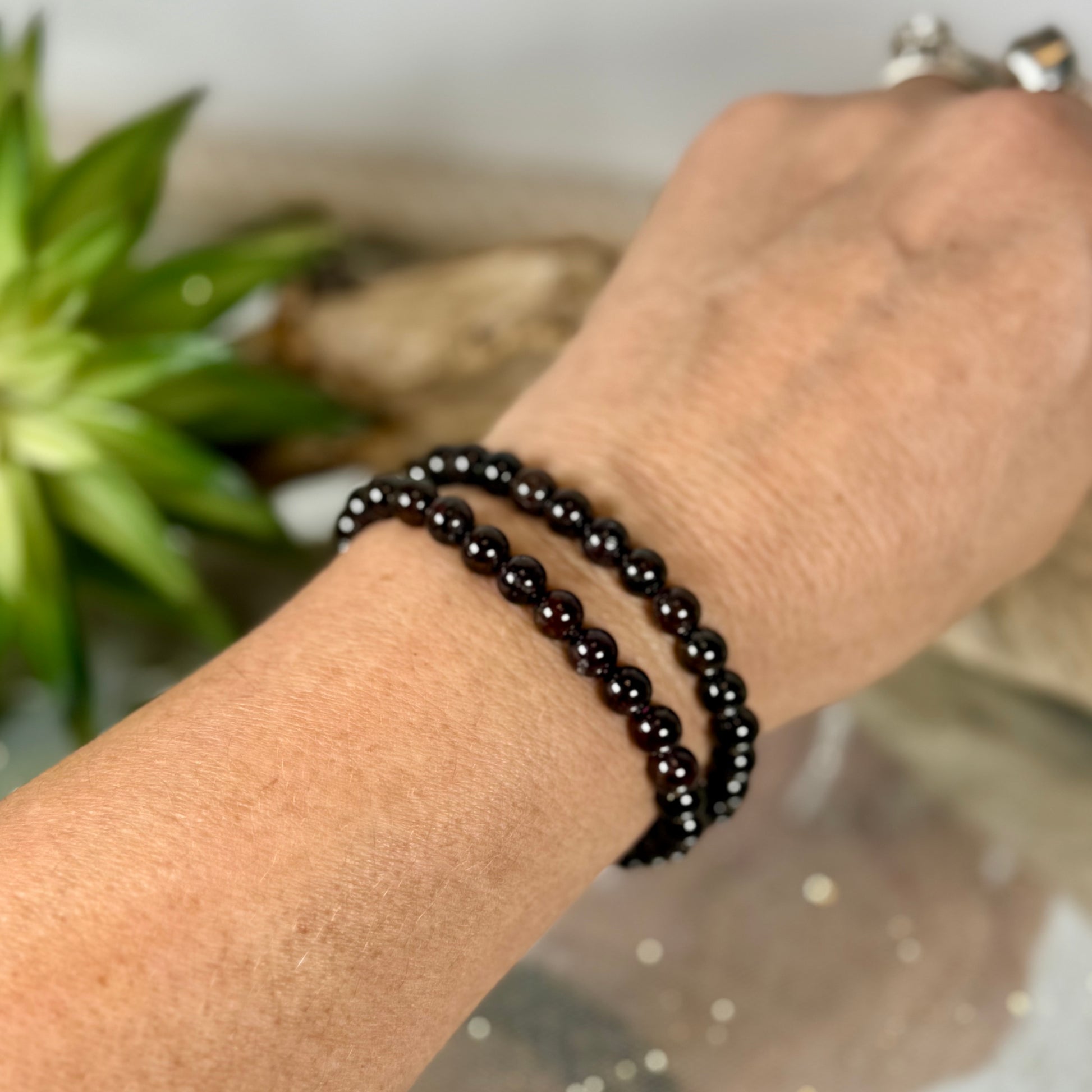 Garnet Stretch Bracelet 2 ON WRIST-CBTS