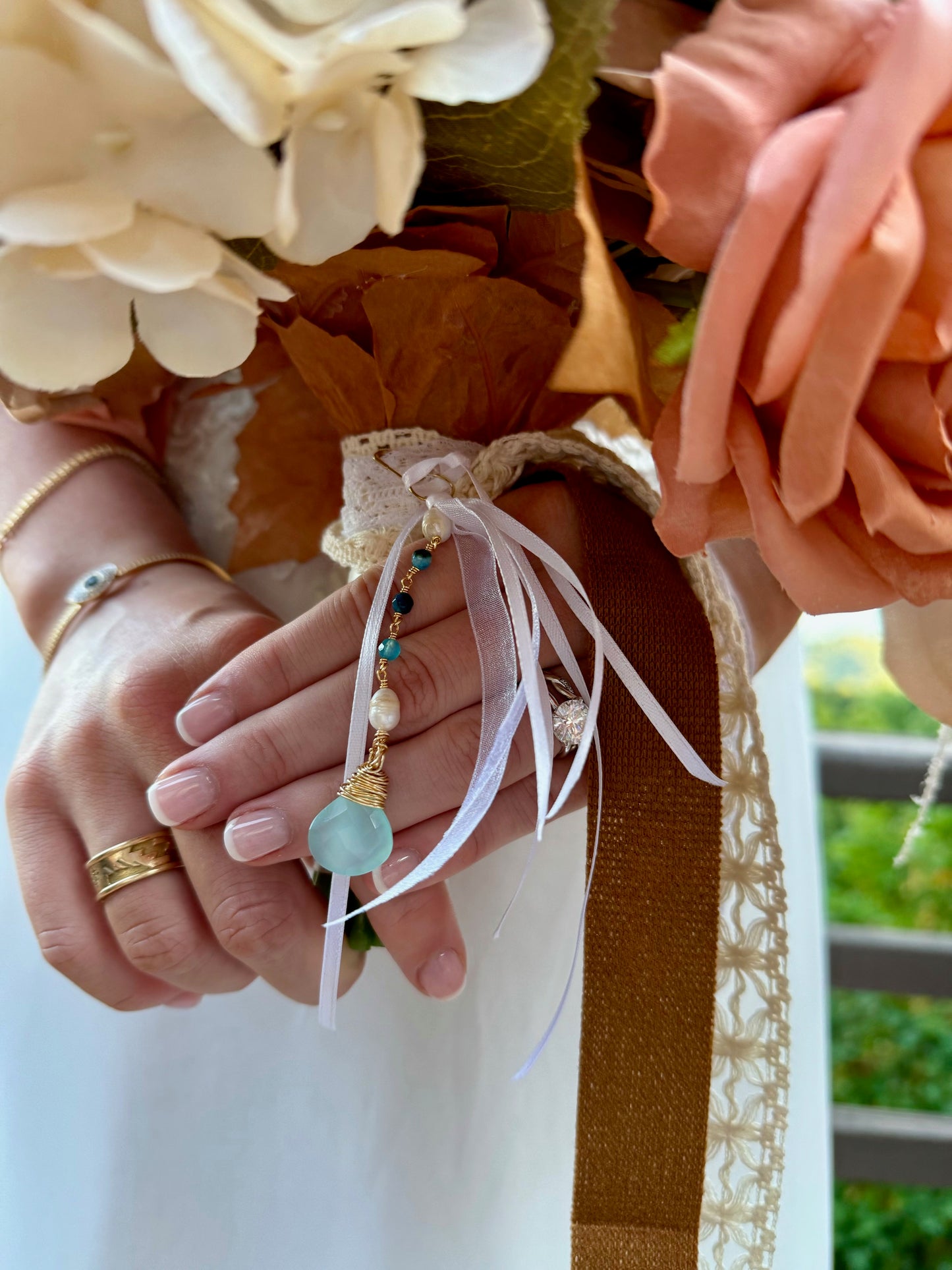 “Something Blue" Handmade Wedding Bouquet Blue Chalcedony Crystal and Freshwater Pearl Dangle Charm