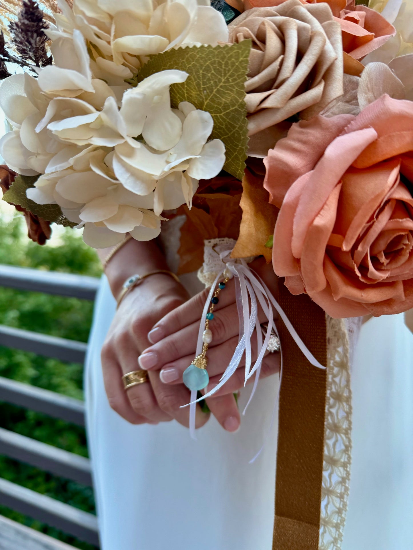 “Something Blue" Handmade Wedding Bouquet Blue Chalcedony Crystal and Freshwater Pearl Dangle Charm