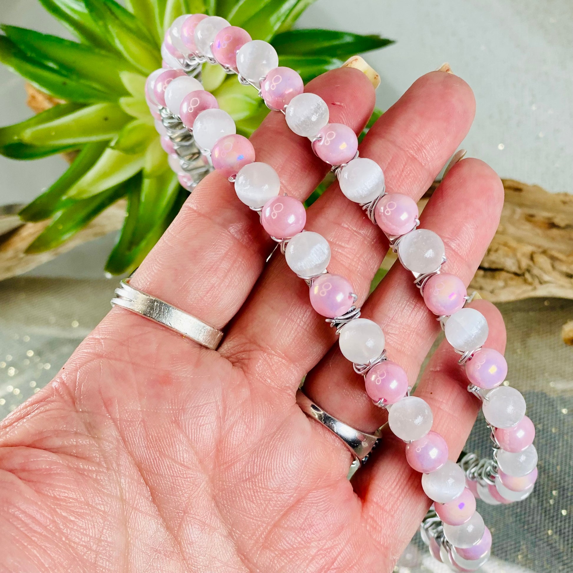 Selenite & Bubble Pink Bead Headband in hand-CBTS