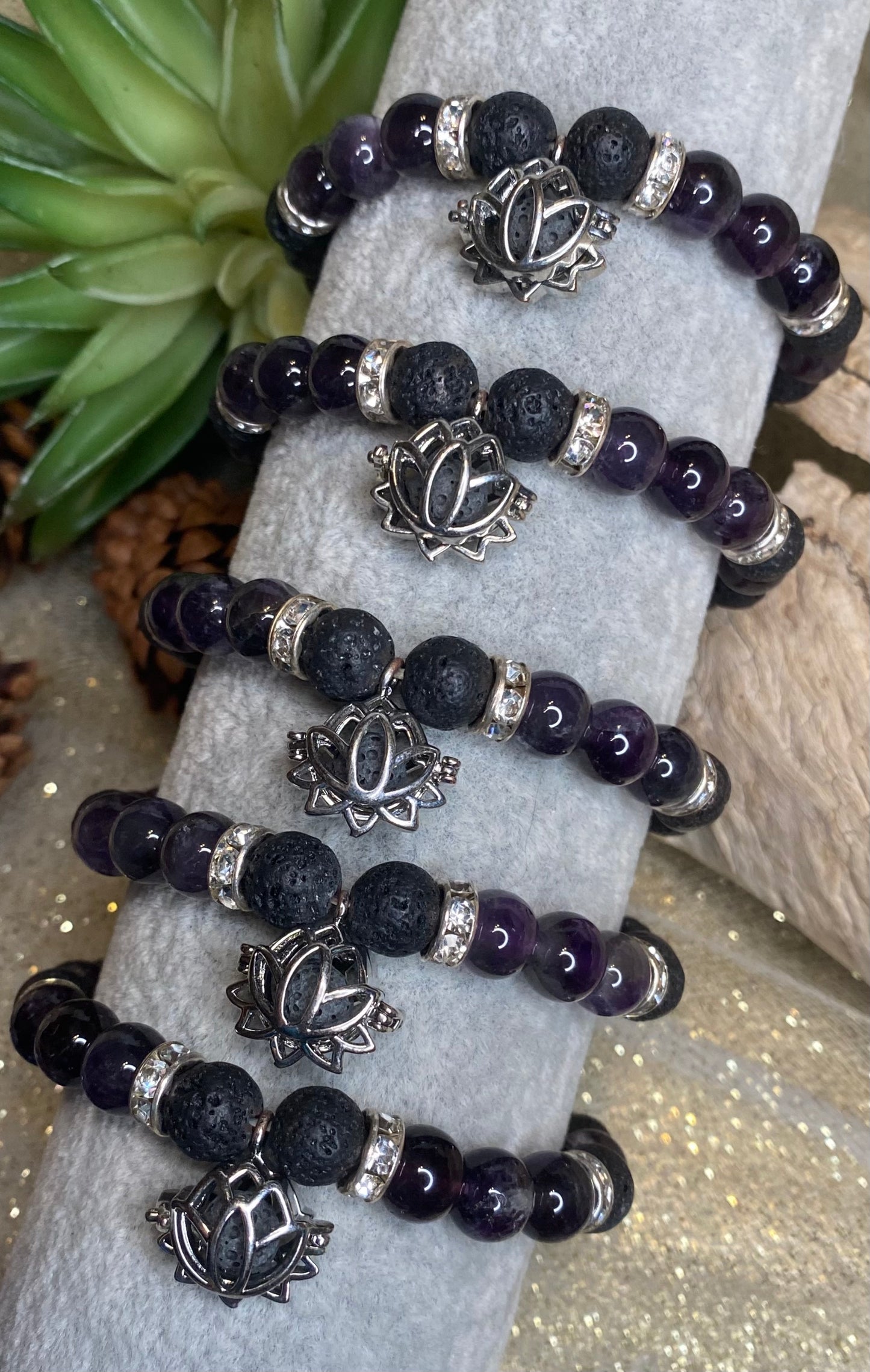 Serenity Blooms Amethyst & Lava Aromatherapy Bracelet With Lotus Flower Charm