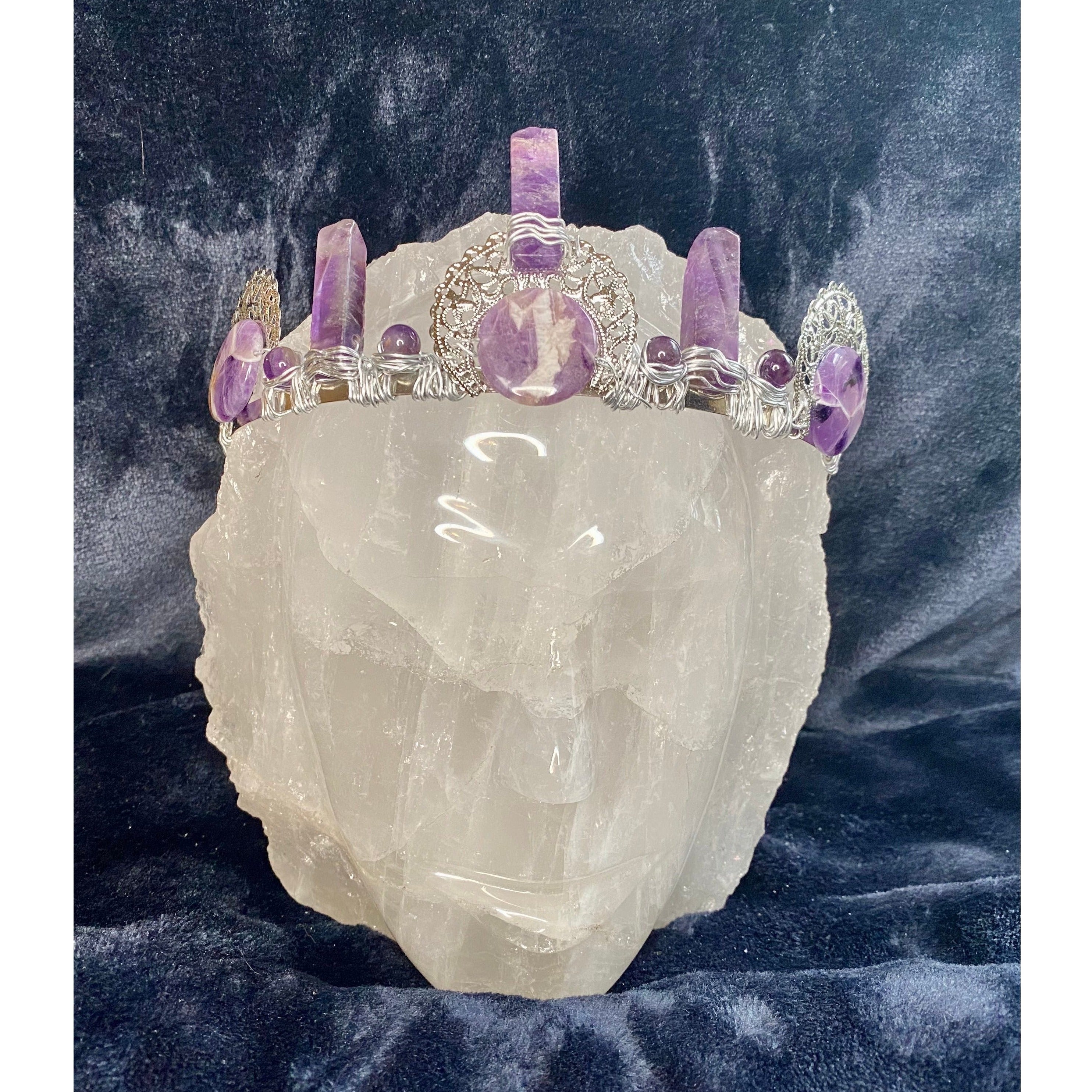 Amethyst Goddess Crystal Crown with Circles, Rectangles, Beads & Fancy Crescents | Silver Band Headpiece