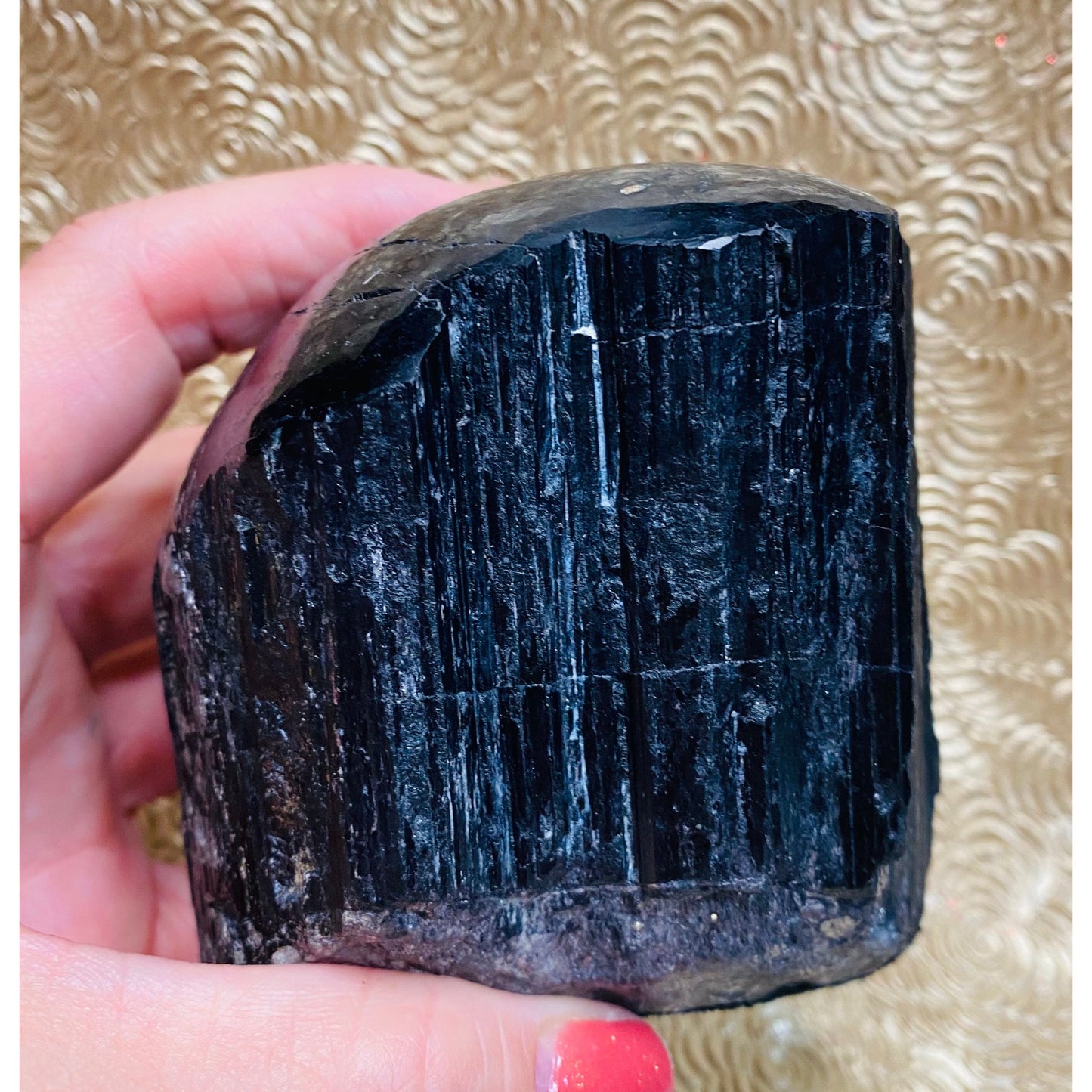 Black Tourmaline Raw Crystal with Polished Top for Protection & Grounding