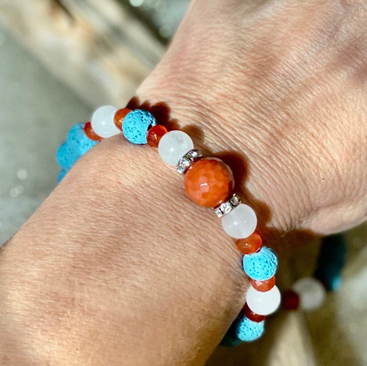 Fire agate white jade carnelian blue lava crystal healing bracelet