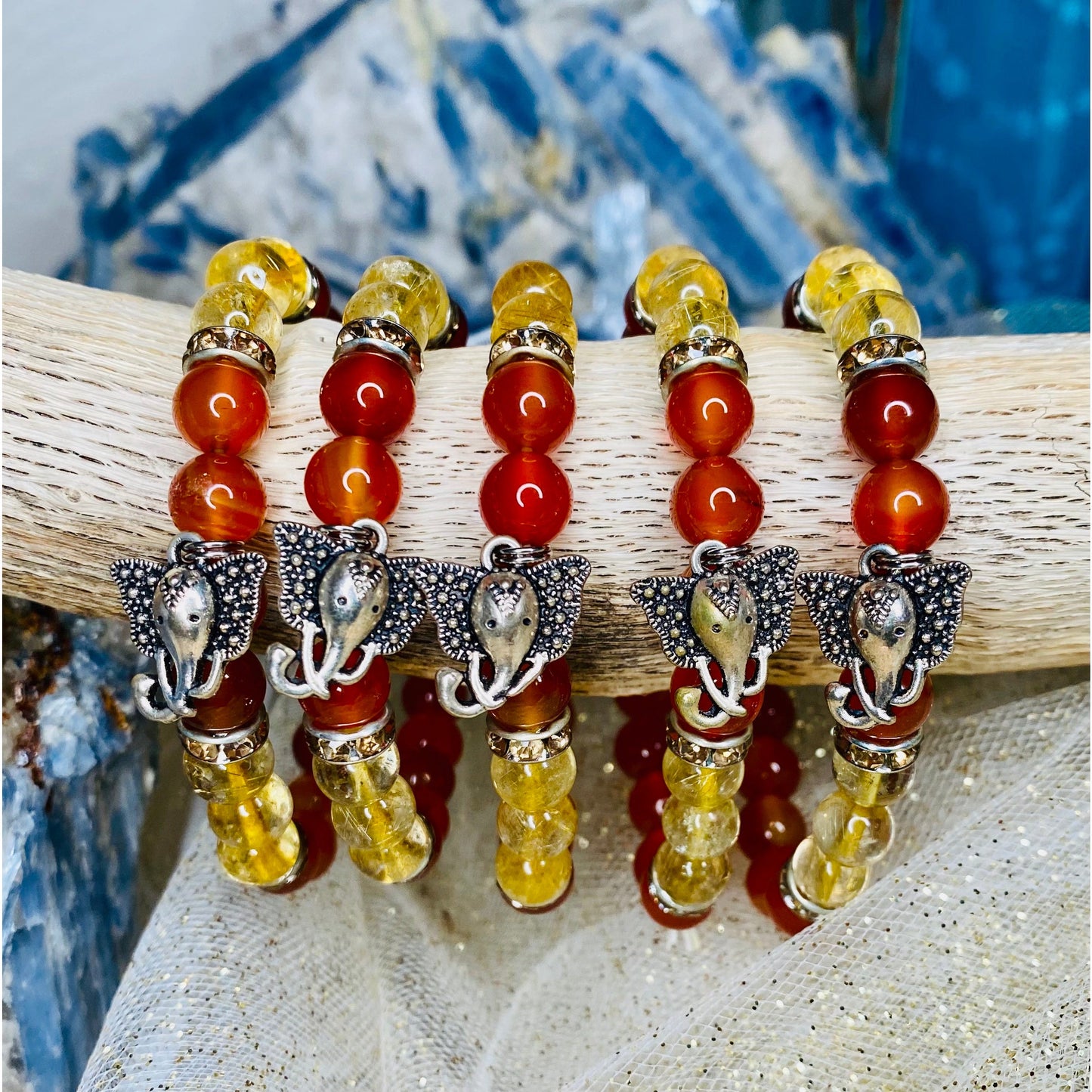 Prosperity and Protection Carnelian & Gold Rutilated Quartz Bracelet with Ganesha Charm