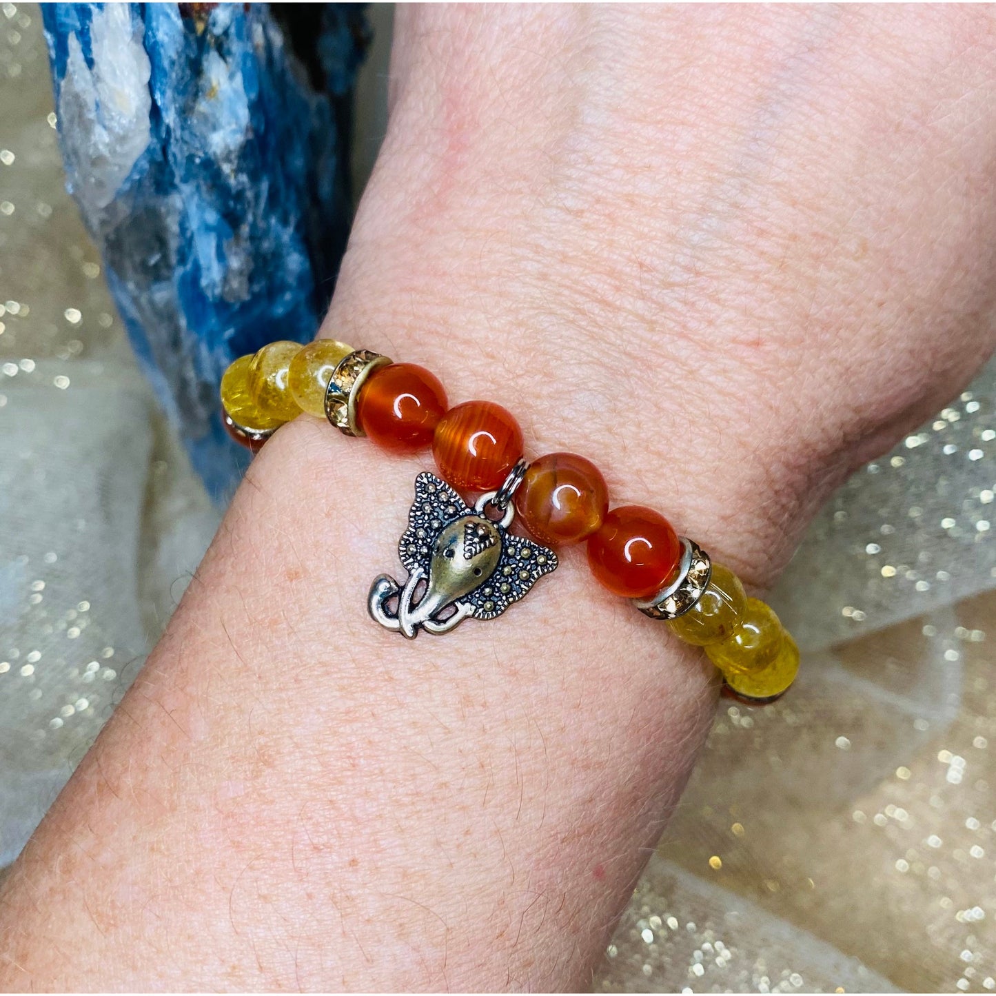 Prosperity and Protection Carnelian & Gold Rutilated Quartz Bracelet with Ganesha Charm