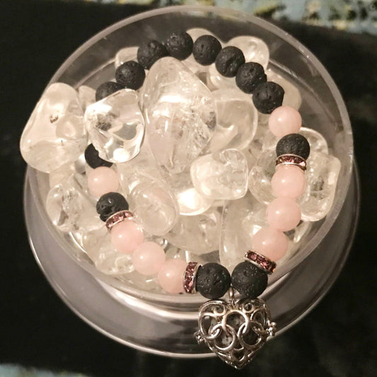 Rose quartz & lava aromatherapy crystal healing bracelet with heart charm