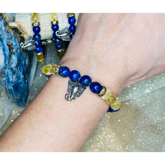 Wisdom and Abundance Blessings Lapis Lazuli & Gold Rutilated Quartz Bracelet with Ganesha Charm