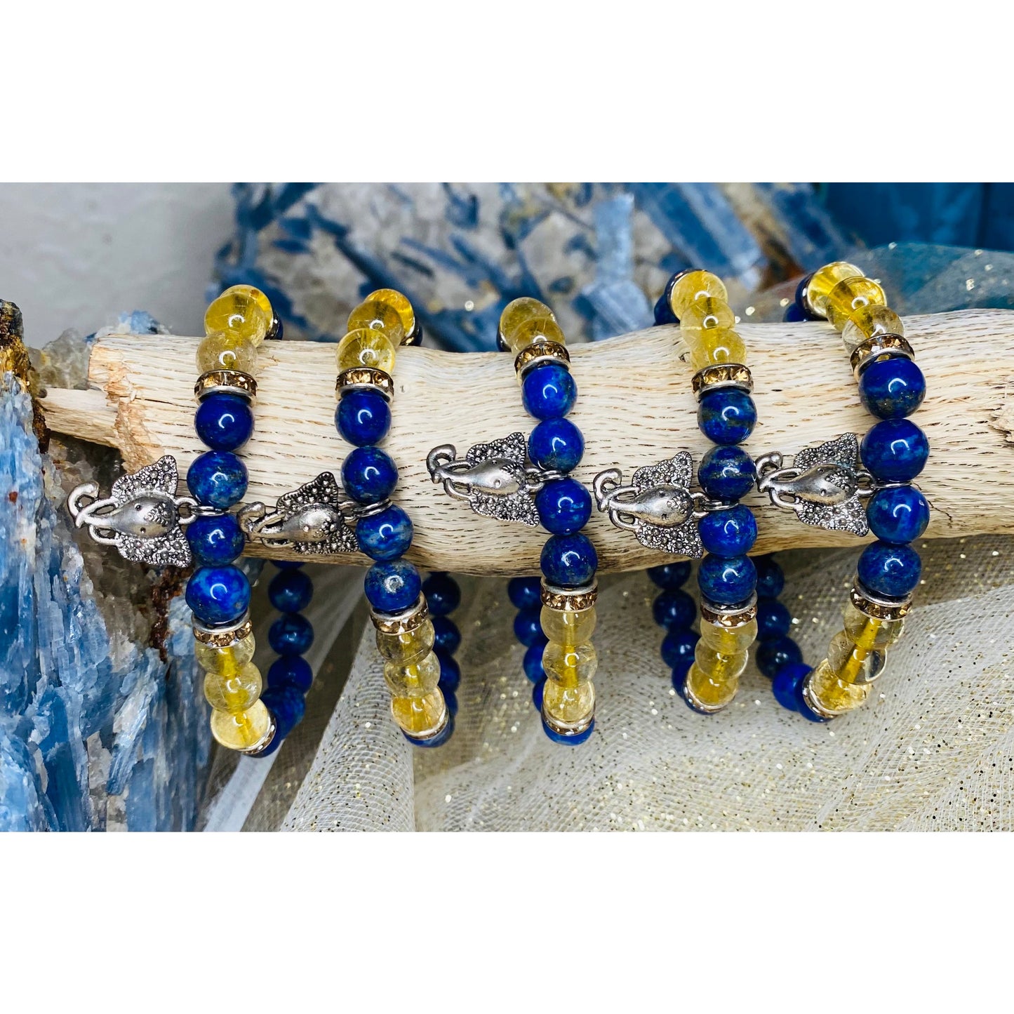 Wisdom and Abundance Blessings Lapis Lazuli & Gold Rutilated Quartz Bracelet with Ganesha Charm