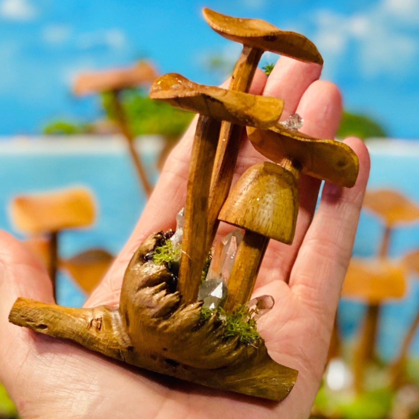 Mushroom forest comb with Amythest Crystal hand carved good in portia tree wood.