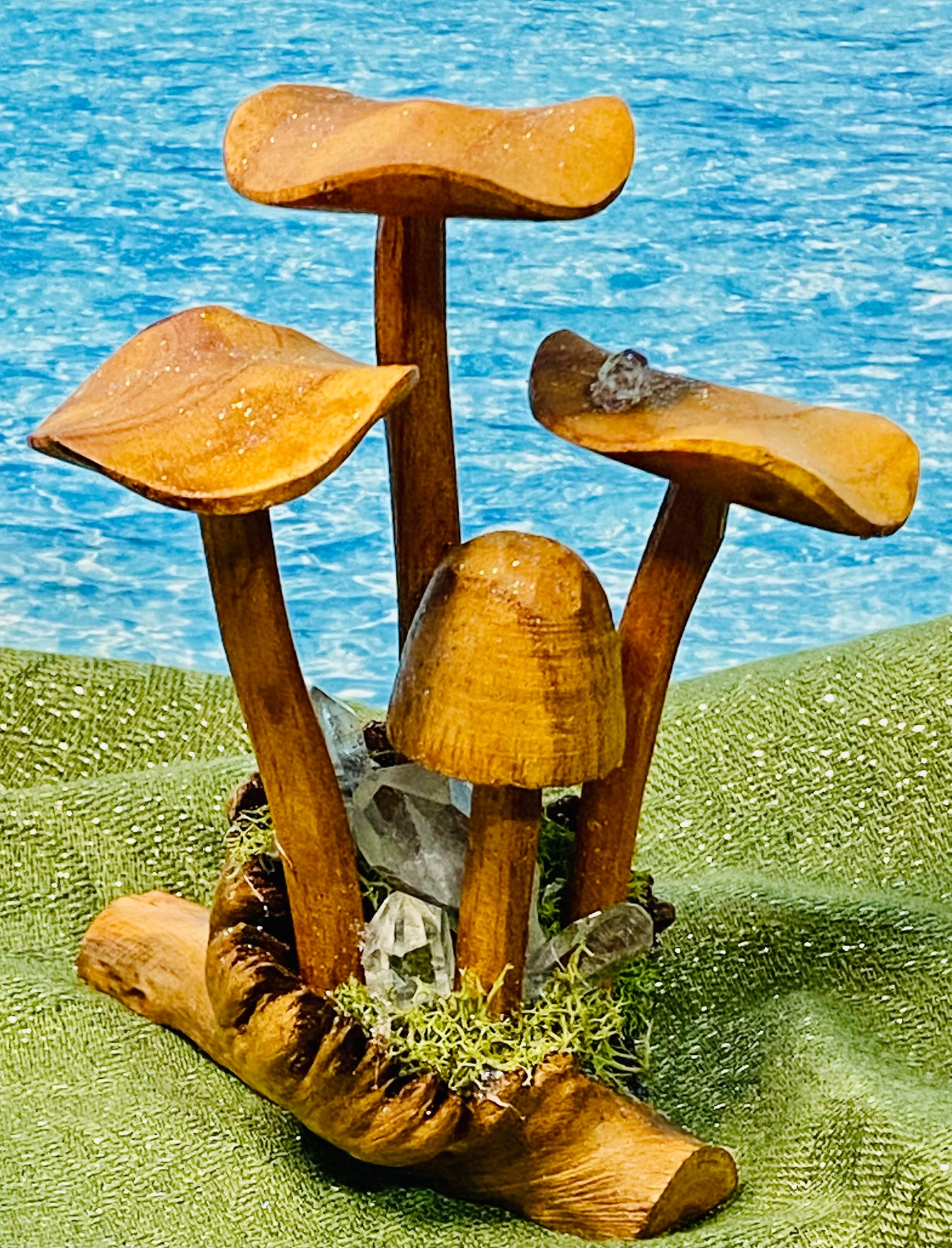 Hand-Carved Wooden Mushroom Decor with Quartz Points & Herkimer Diamonds