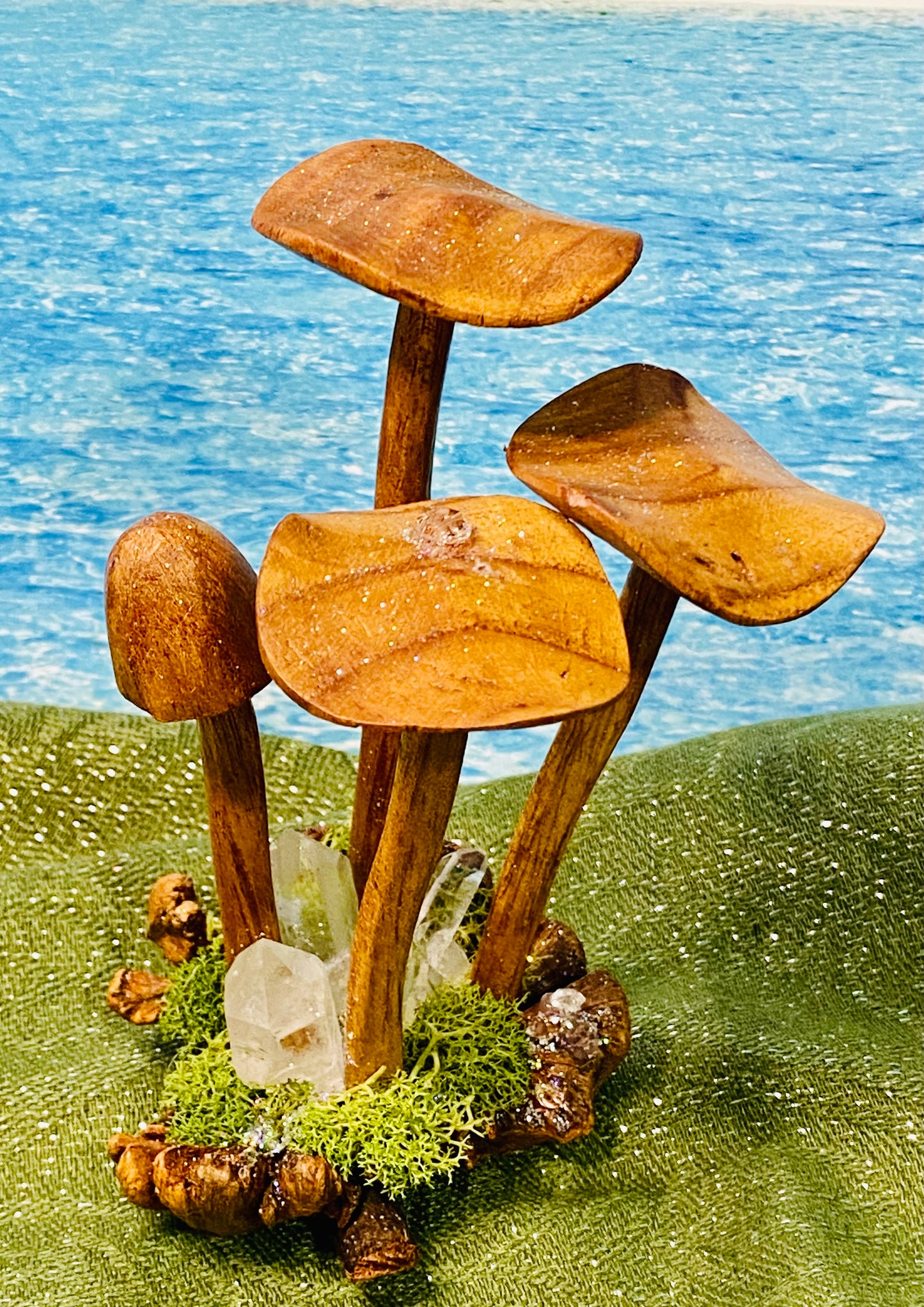 Hand-Carved Wooden Mushroom Decor with Quartz Points & Herkimer Diamonds