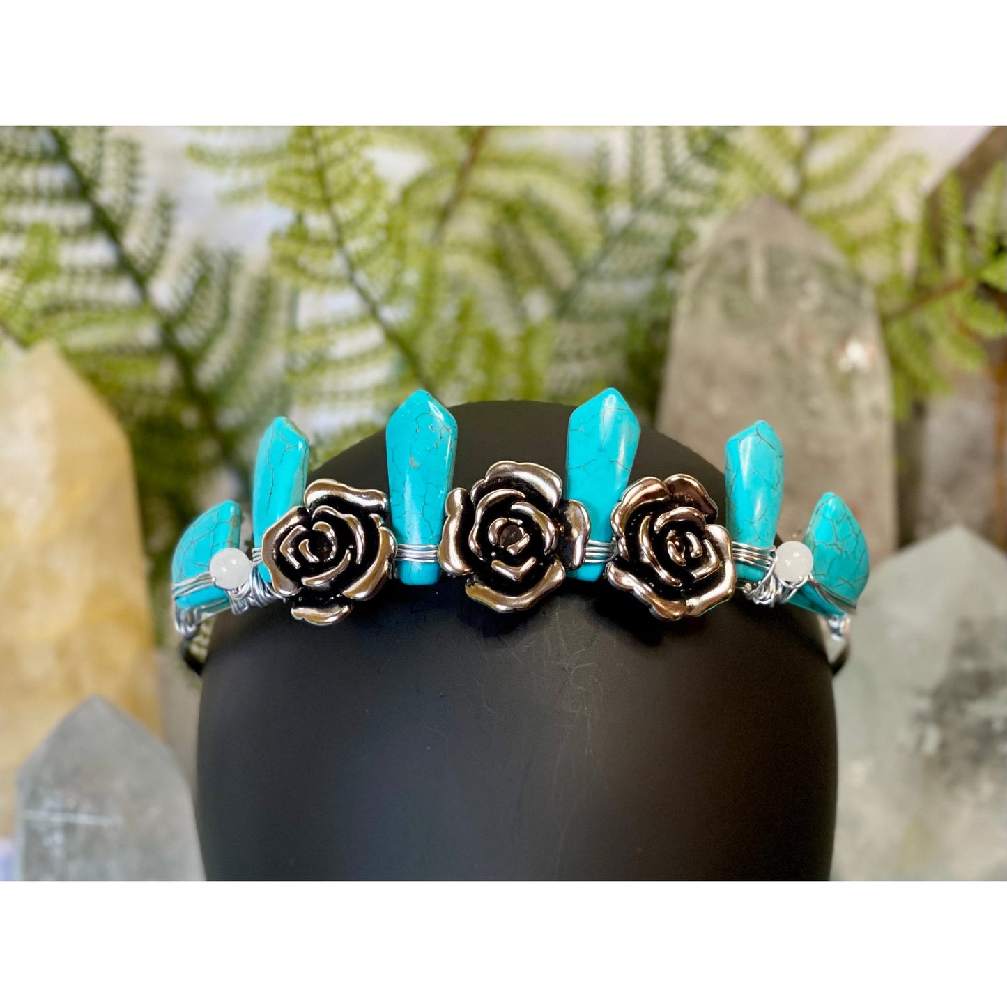 Turquoise Howlite, Herkimer Diamond & White Jade Rose Crown